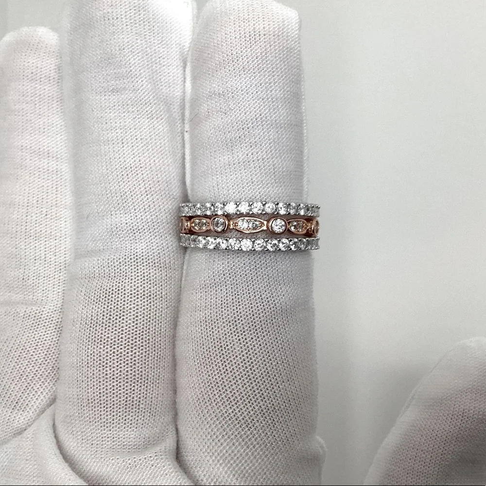 Sizes 4-10, 3 Pc Two Tone .925 Cz Eternity Band Ring Set - Picture 10 of 16